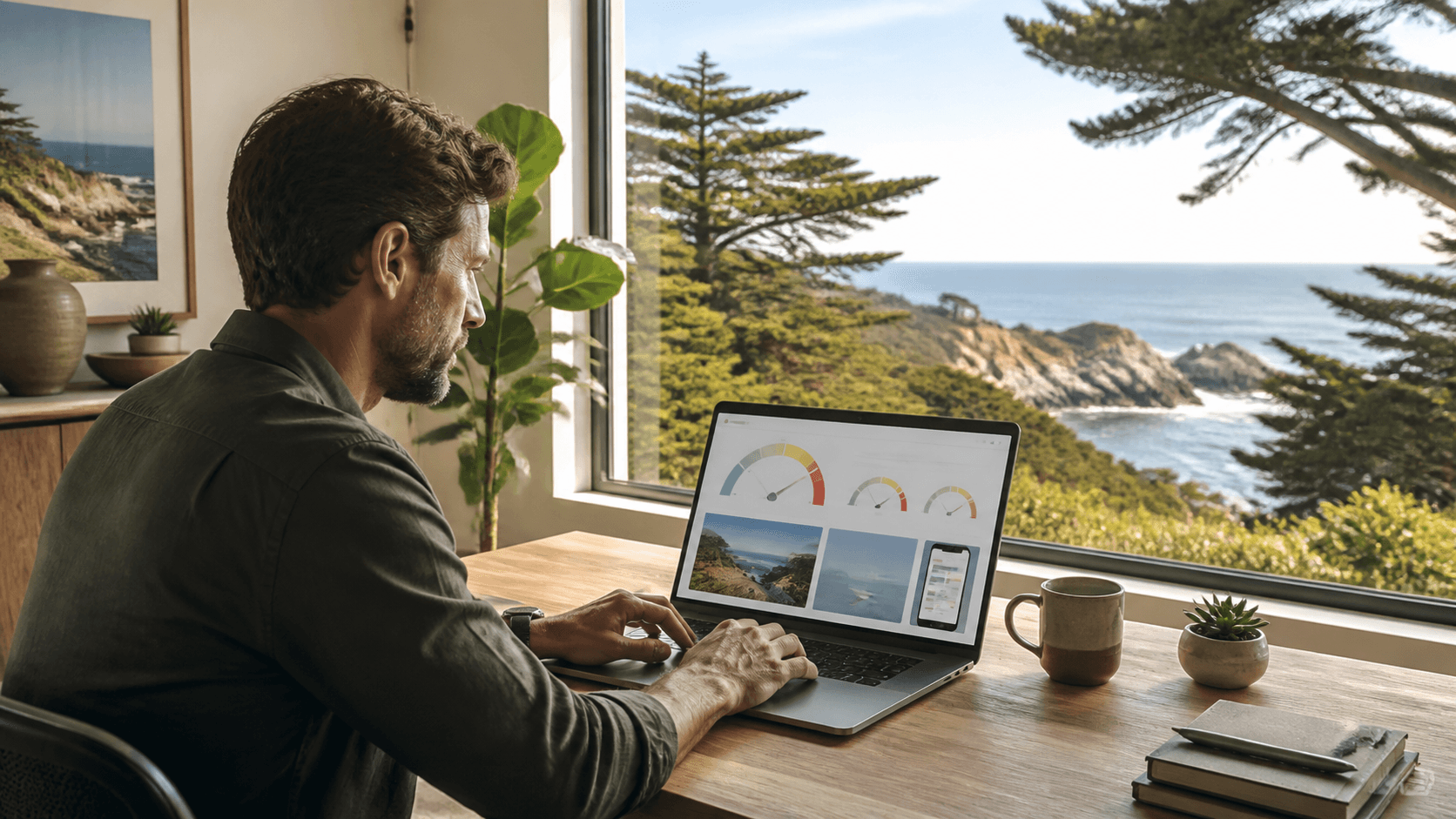 Laptop displaying website speed metrics beside a coastal Mendocino landscape at sunset.