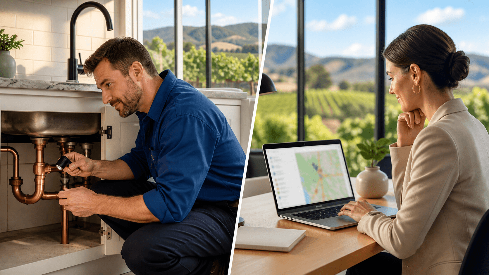Plumber in blue uniform using a tablet beside copper pipes, with a map of Northern California in the background