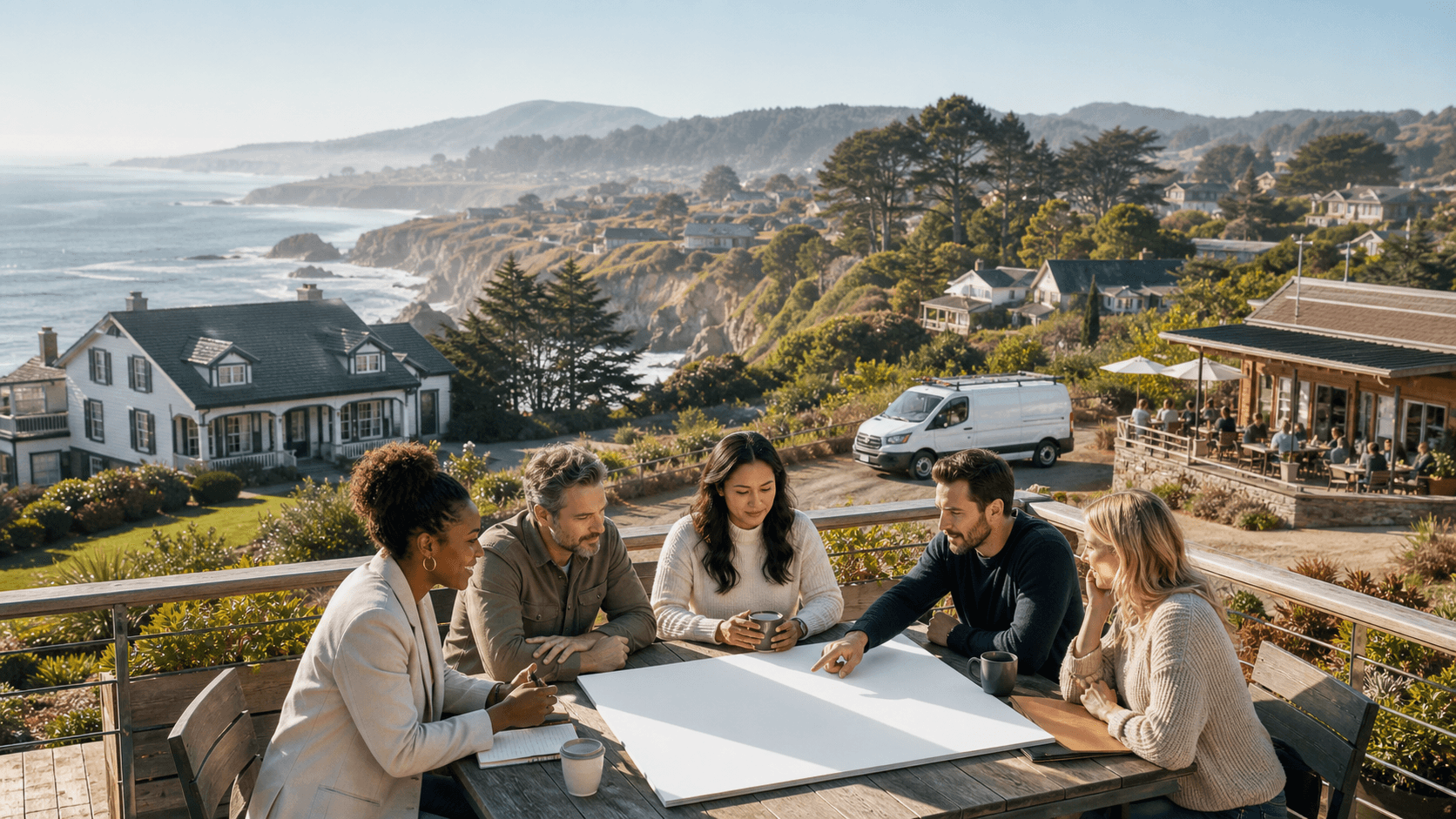 Coastal map pins and storefront icons layered over a green Mendocino County map at sunset