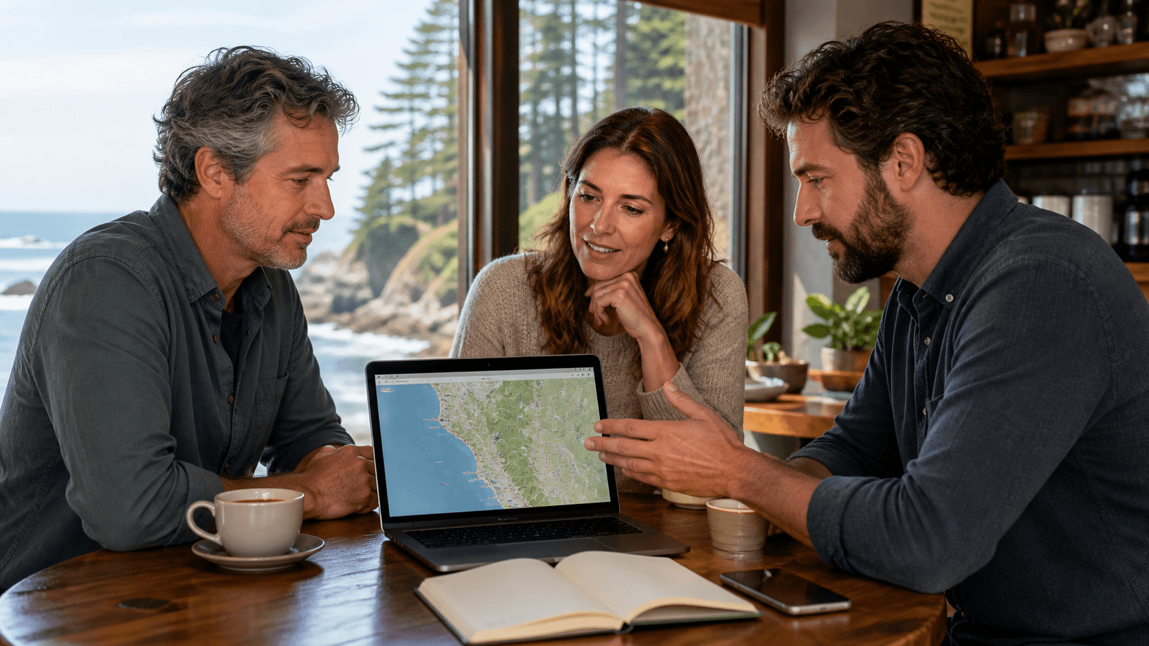 Sunlit coastal map with search icons, checkmarks, and a laptop on a wooden desk.