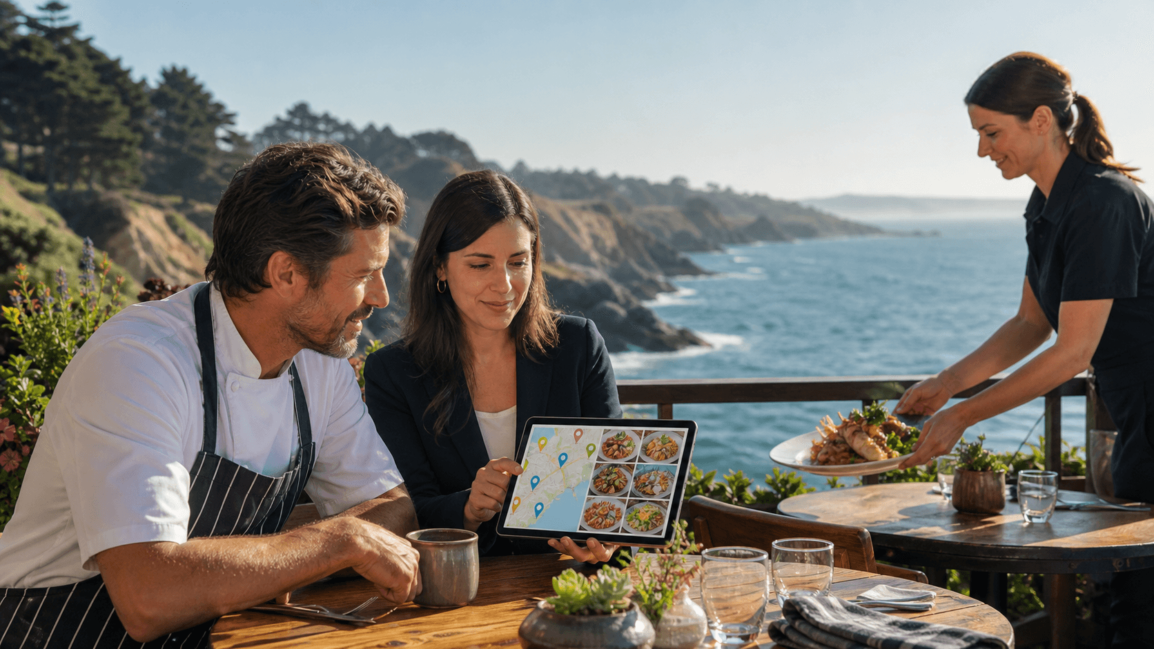 Coastal restaurant table with a smartphone map, menu, and warm sunset light over Mendocino cliffs.